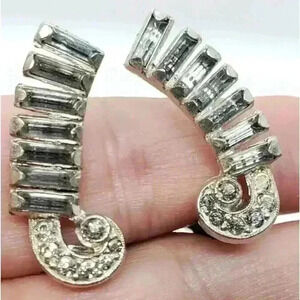 Antique Earrings Art Deco Clip Rhinestone Climber Baguette & Rose Cut Stones